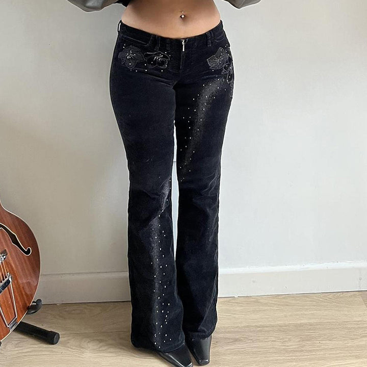 Damen nan ausgestellte Cordhose mit Glitzerstreifen und Blumenstickerei, hoher Bund Drune