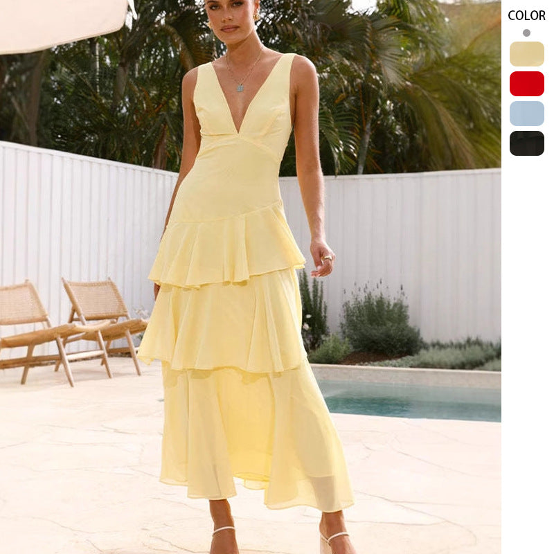 Damen Elegantes Maxikleid mit Volants und tiefem V-Ausschnitt Drune
