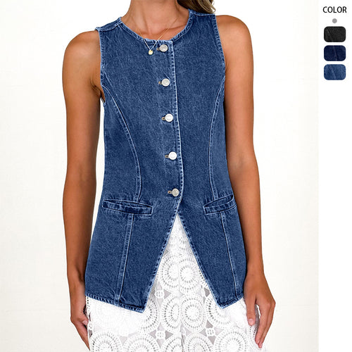 Damen Denim Weste mit tailliertem Schnitt und knöpfbaren Details Drune