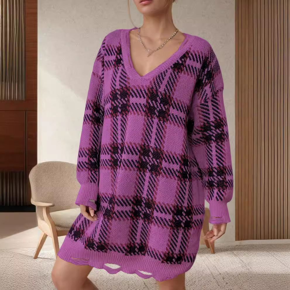 Damen Oversized V-Ausschnitt Pullover mit kariertem Muster Drune