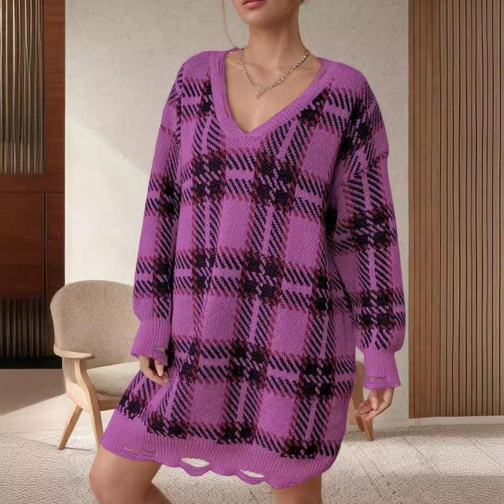 Damen Oversized V-Ausschnitt Pullover mit kariertem Muster Drune