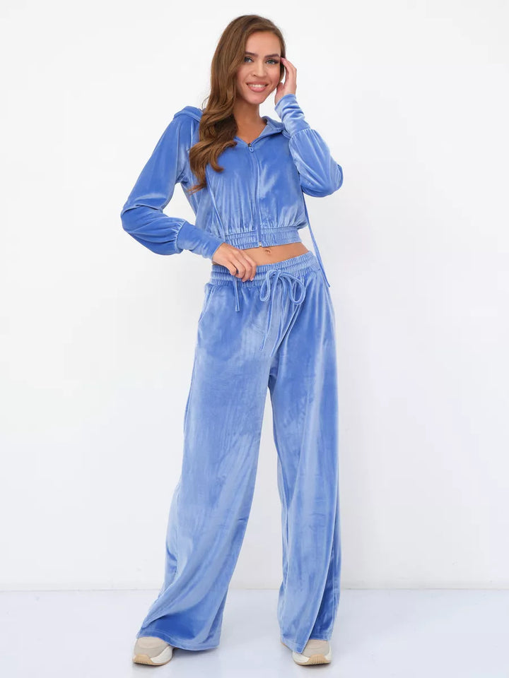 Damen Velours Freizeitanzug mit Kapuze Drune