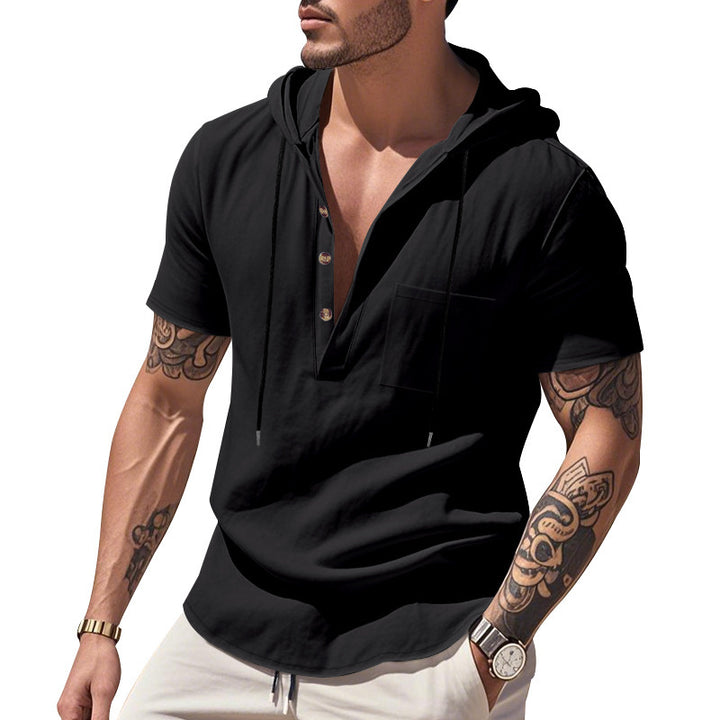 Herren Kurzarm-Henley-Hemd mit Kapuze und Knopfleiste Drune