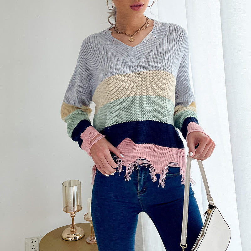 Damen lässiger Strickpullover mit fransigen Saumdetails Drune