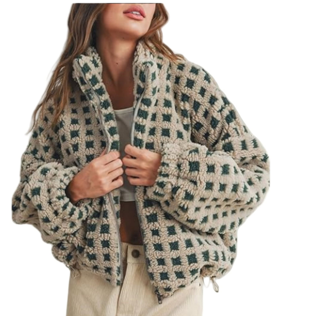 Damen trendige Kurzjacke mit Karomuster und weichem Plüsch Drune