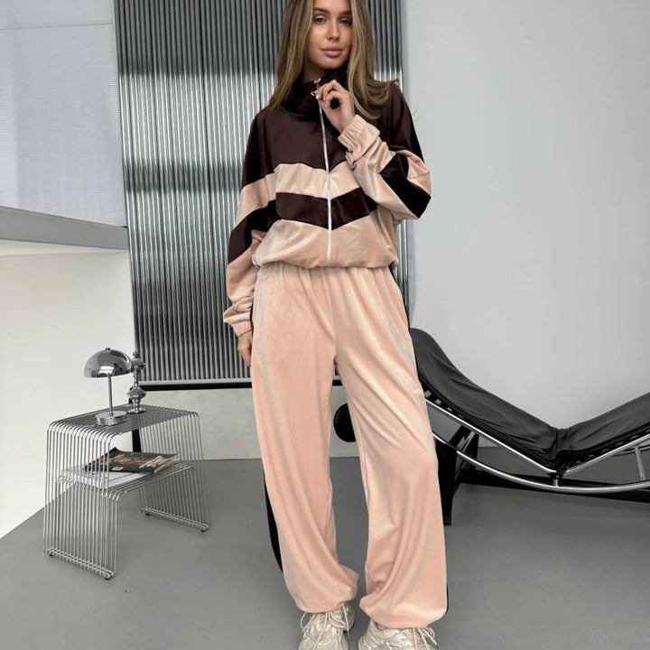 Damen Sportlicher Velours-Jogginganzug mit elegantem Reißverschluss und modernen Streifen Drune