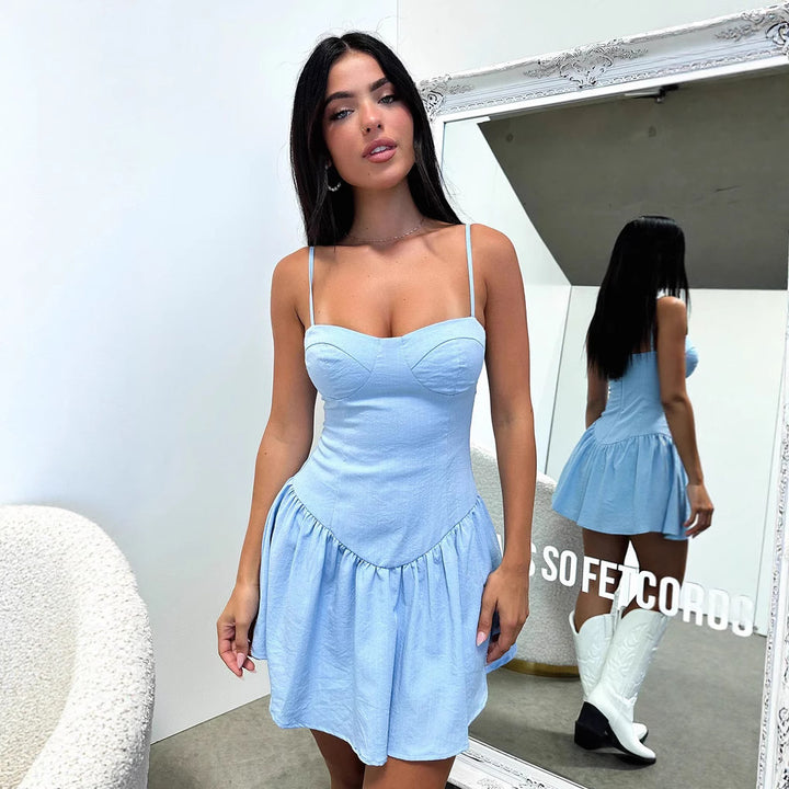 Damen Sommerkleid mit schmalen Spaghetti-Trägern und voluminösem Rockteil Drune