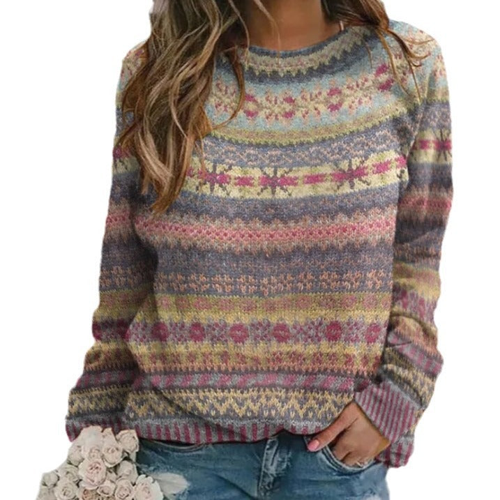 Damen Strickpullover mit buntem Norweger-Muster und Rundhalsausschnitt Drune