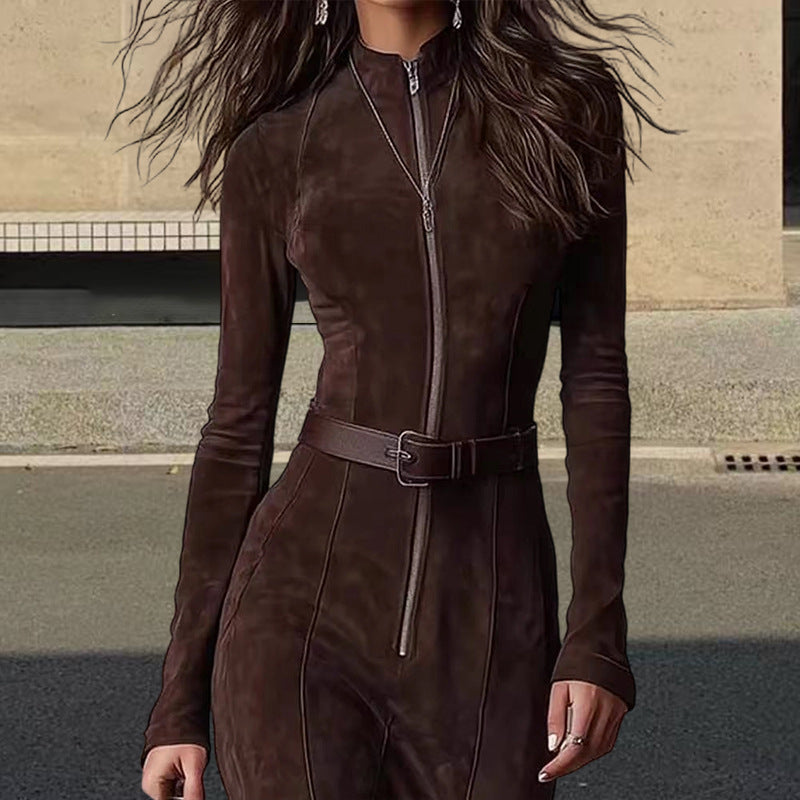 Damen Langarm Kleid mit Reißverschluss und seitlichen Schlitzen Drune