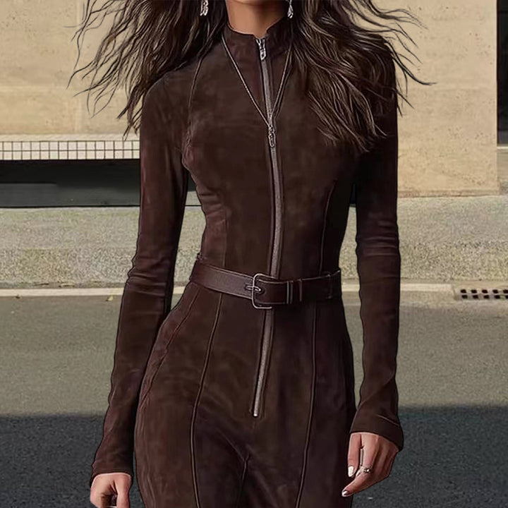 Damen Langarm Kleid mit Reißverschluss und seitlichen Schlitzen Drune