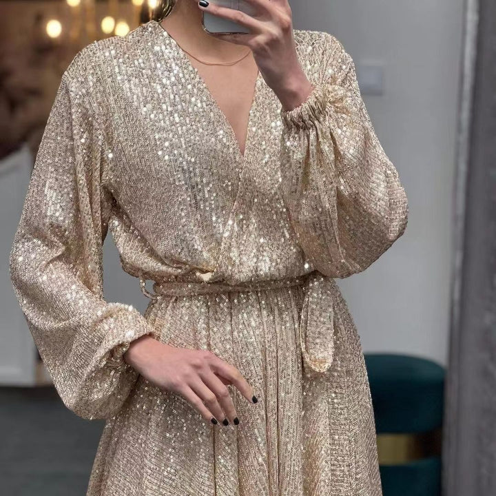 Damen funkelndes Cocktailkleid mit V-Ausschnitt und Taillengürtel Drune