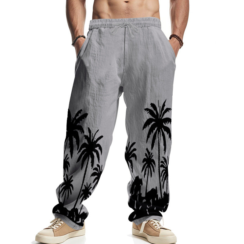 Herren nan weite Freizeit-Hose aus Baumwoll-Leinen-Mix mit Palmenprint, Elastikbund und Kordelzug Drune