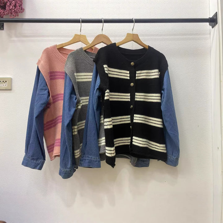 Damen Strickjacke mit auffälligem Streifenmuster und dekorativen Knöpfen Drune