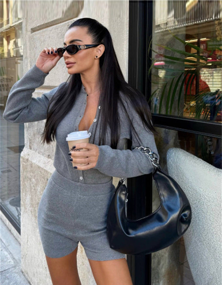 Damen Strickoverall mit Knopfleiste und kurzem Bein Drune