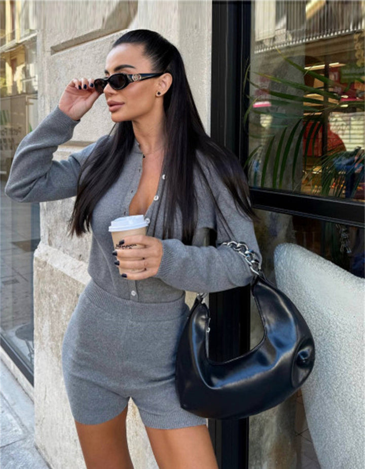 Damen Strickoverall mit Knopfleiste und kurzem Bein Drune