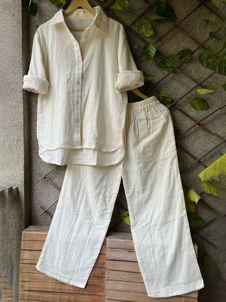 Damen lässiges Leinen-Hemd und Hose Set Drune