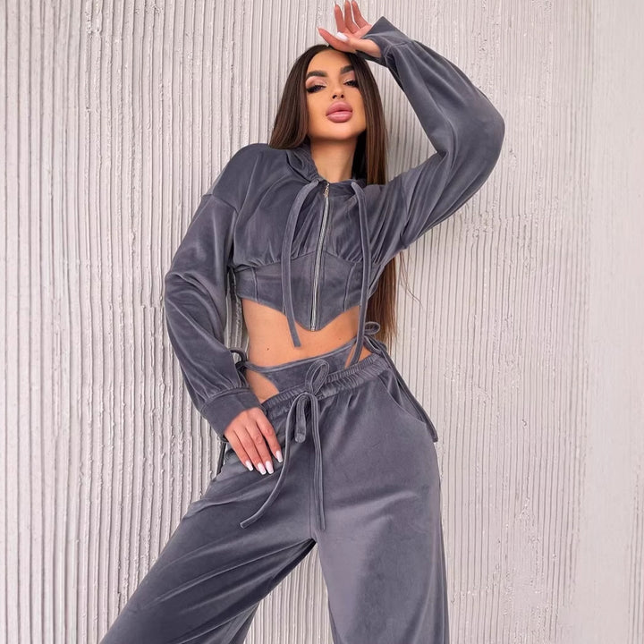 Damen Sportliches Velours-Cropped-Set mit Reißverschluss und Taillenschnitt Drune