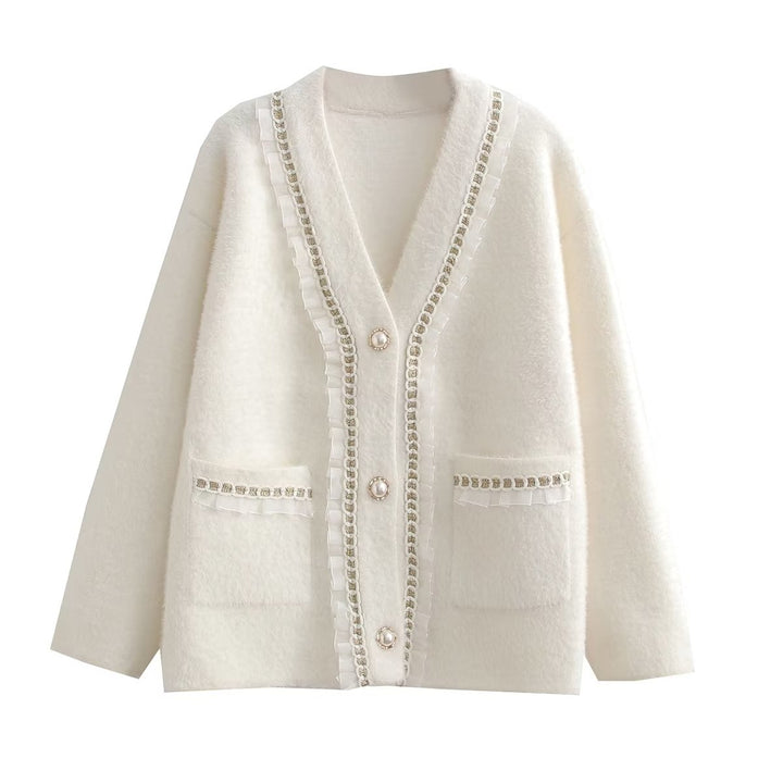 Damen modische Strickjacke mit dekorativen Rüschen und perlenverzierten Knopfdetails Drune