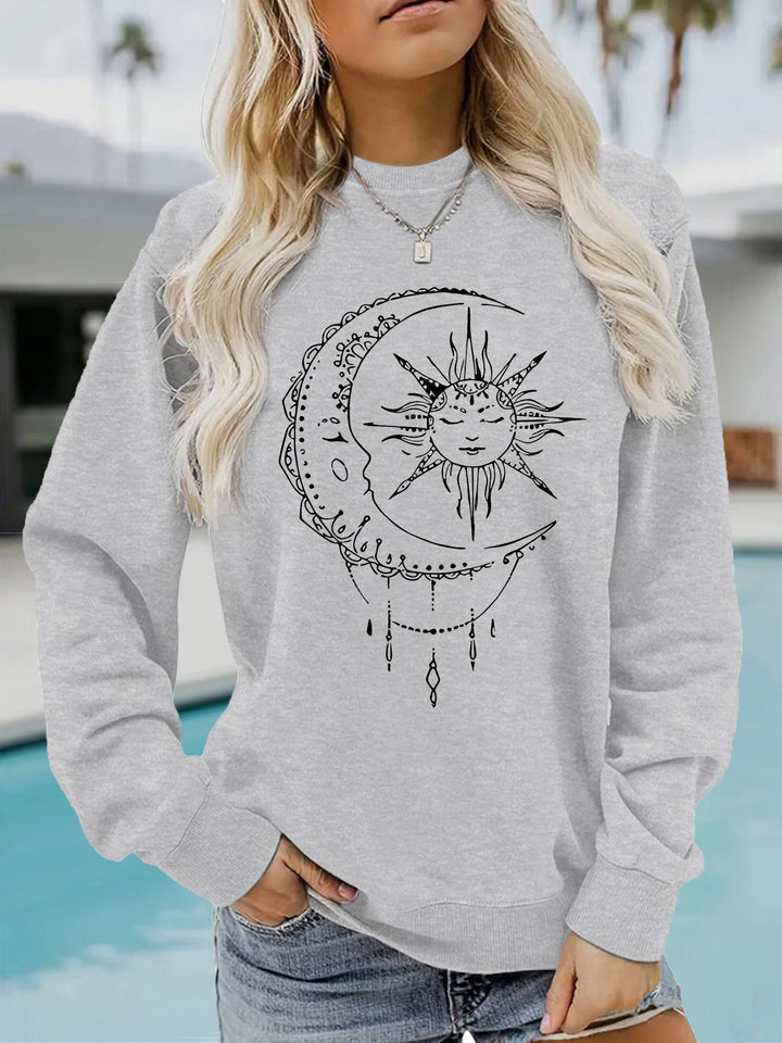 Damen Sweatshirt mit künstlerischem Sonnen- und Mondmotiv Drune
