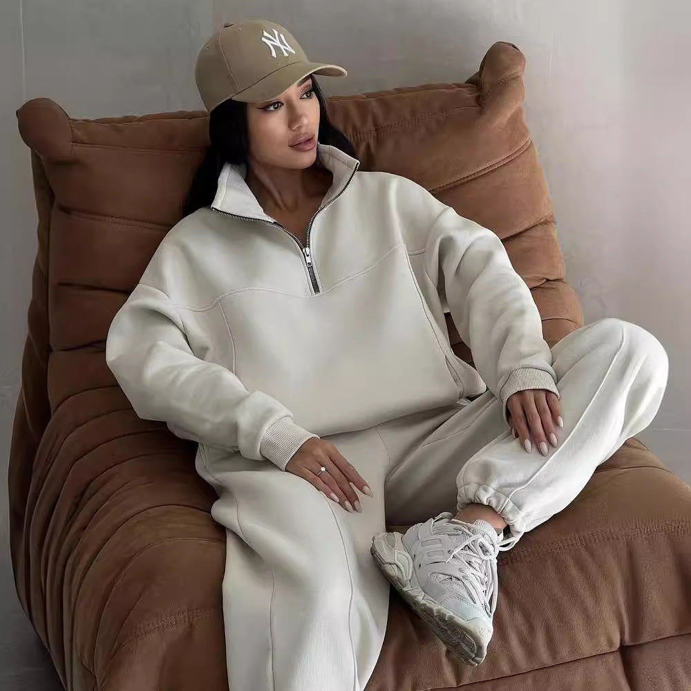 Damen lässiger Sweatshirt- und Jogginghose-Set mit hohem Kragen Drune