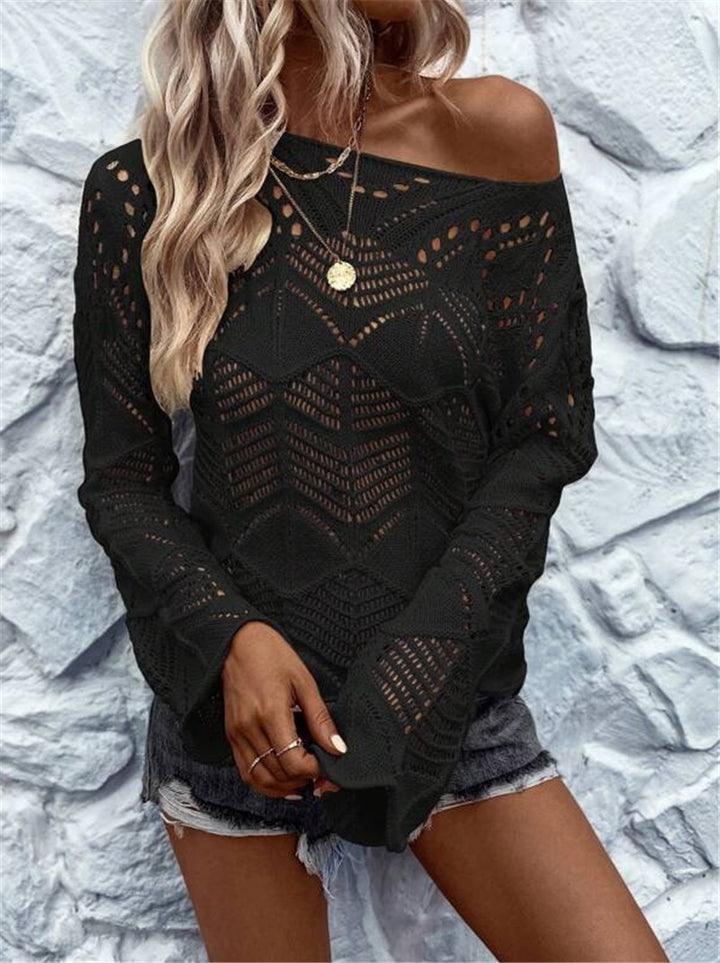 Damen Strickpullover mit filigranem Lochmuster und weitem Ärmel Drune
