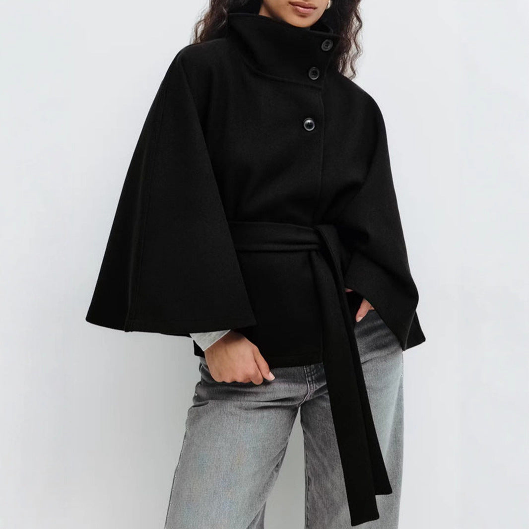 Damen elegante Umhangjacke mit hochgeschlossenem Stehkragen und schickem Gürtel Drune