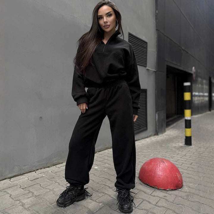 Damen Sportliches Fleece-Jogginganzug mit Stehkragen und Reißverschluss Drune
