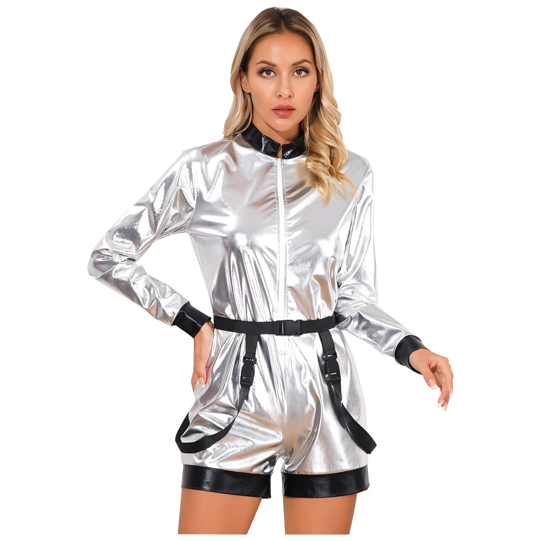 Damen Futuristischer Glanz-Jumpsuit mit Reißverschluss und abnehmbarem Gürtel Drune