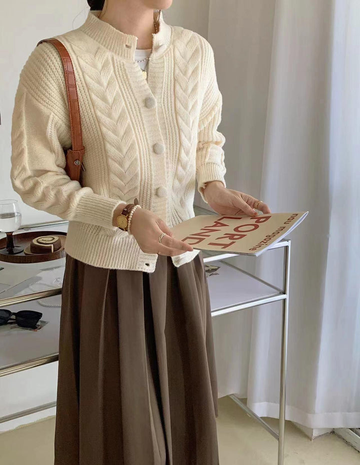 Damen gemütlicher Strickcardigan mit geflochtenem Muster und großen Knöpfen Drune