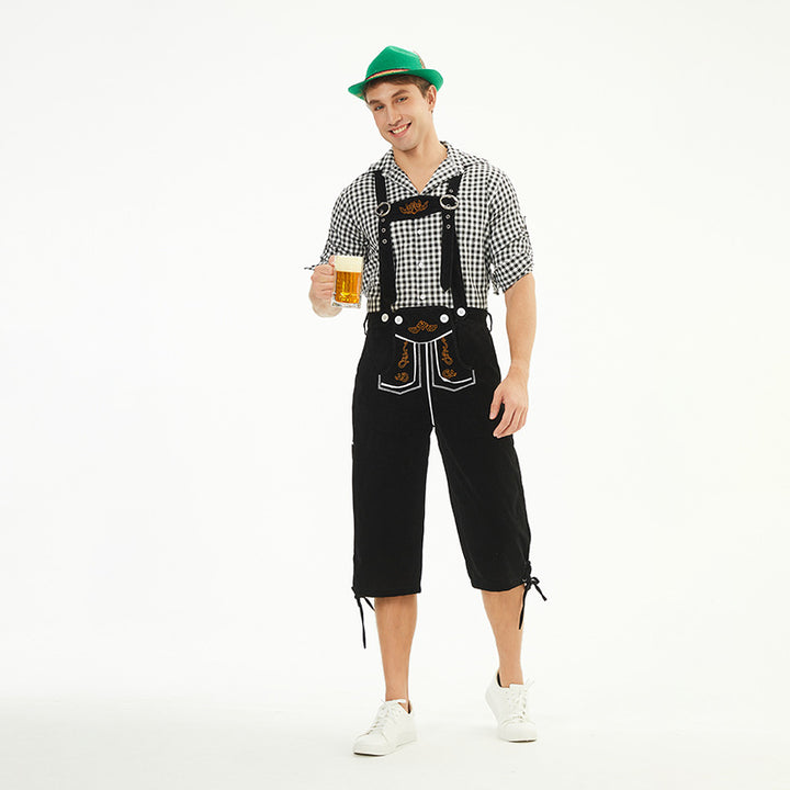 Herren nan moderne Samt-Trachtenkniebundhose mit dekorativer Stickerei und verstellbaren Trägern Drune