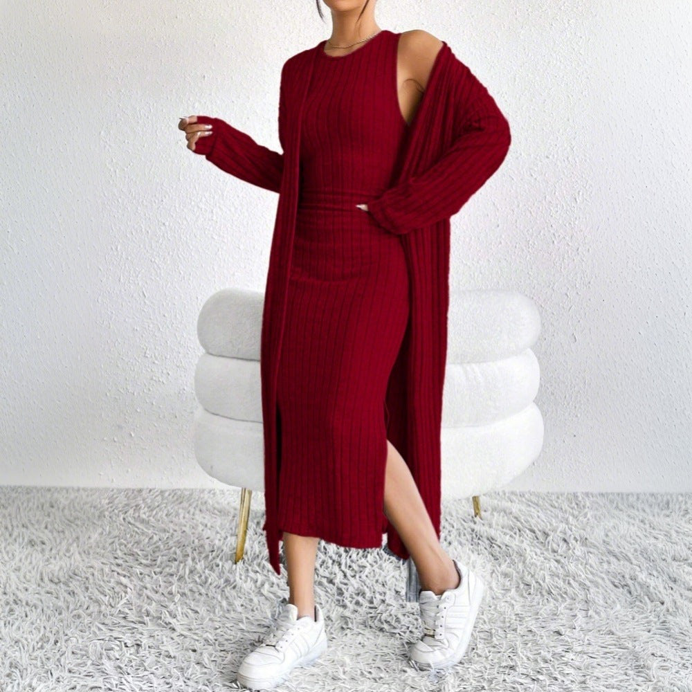 Damen Strickkleid mit langem Cardigan und seitlichem Schlitz Drune