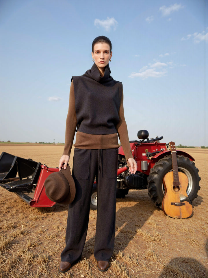 Damen Modischer Strickpullover mit hohem Kragen und weiten Hosen Drune