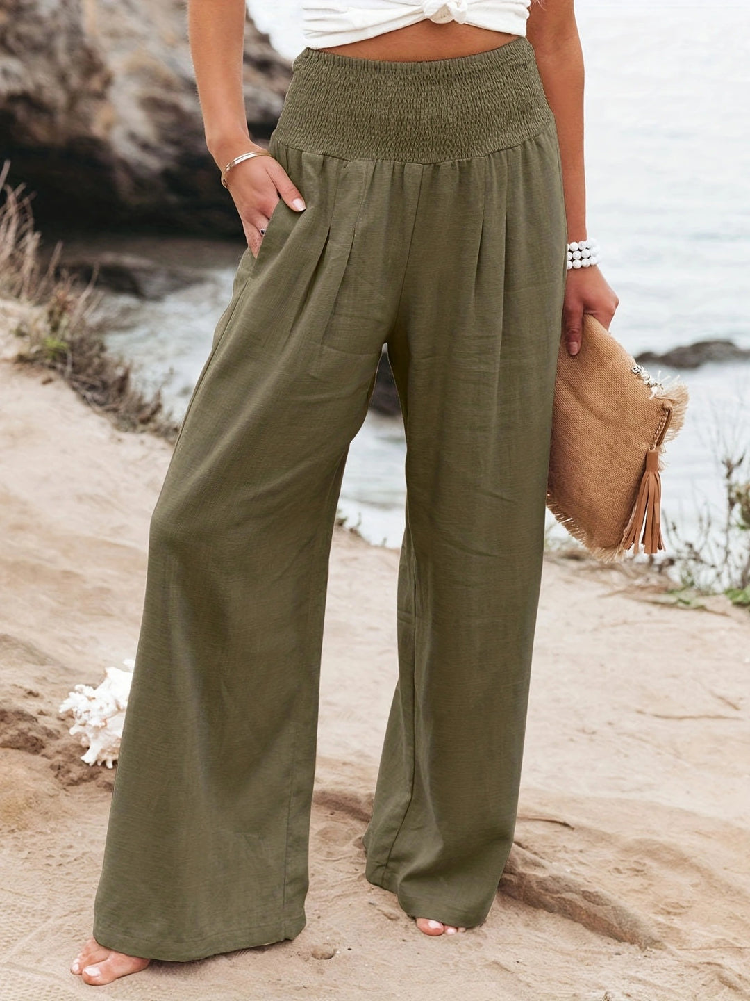 Damen Lange, weite Leinenhose mit elastischem Bund Drune