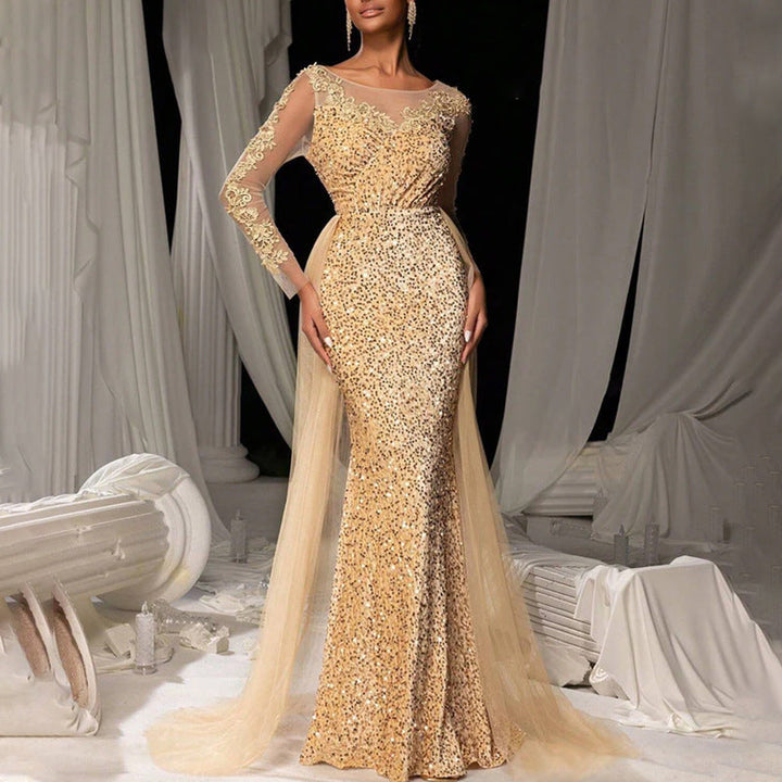 Damen Glamouröses Abendkleid mit schimmerndem Spitzenoberteil und fließendem Tüllumhang Drune