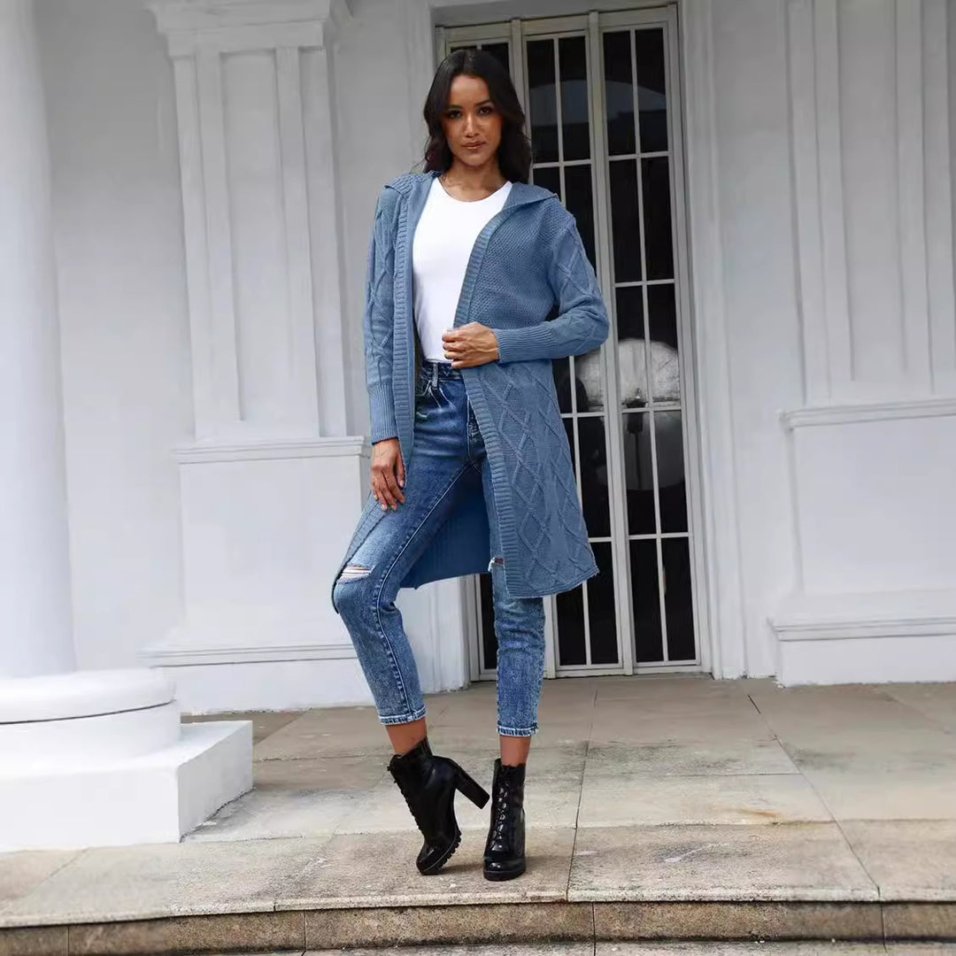 Damen Strickmantel mit Kapuze und dekorativem Zopfdesign Drune