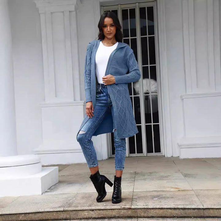 Damen Strickmantel mit Kapuze und dekorativem Zopfdesign Drune