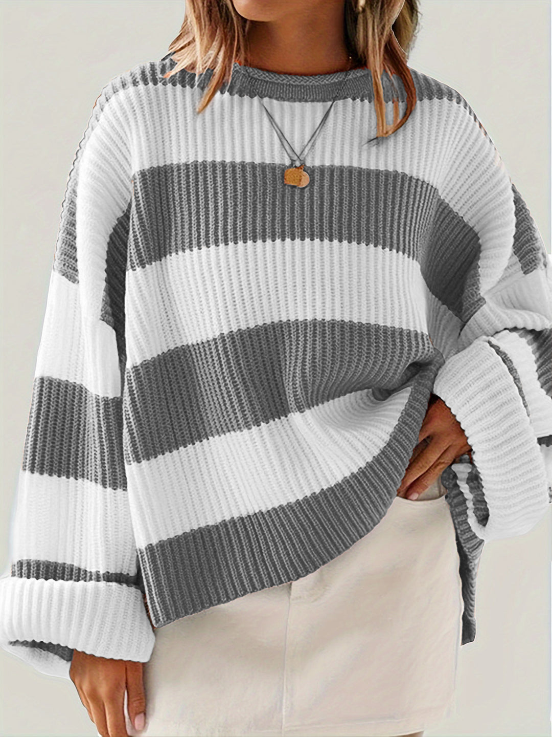 Damen gestreifter Strickpullover mit weitem Schnitt Drune
