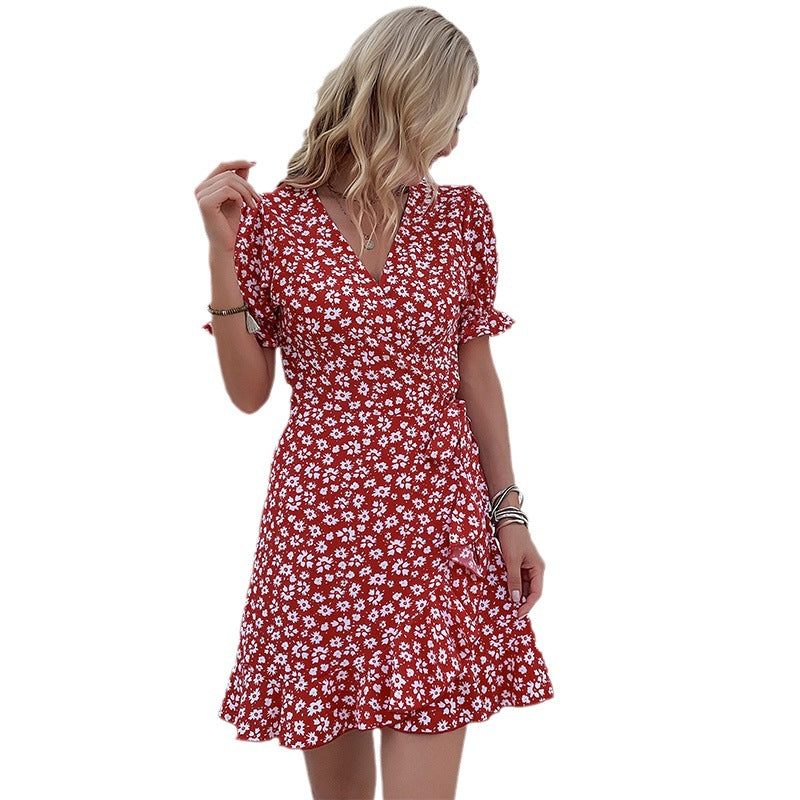 Damen Wickelkleid mit fließendem Rock und süßem Blumenmuster Drune