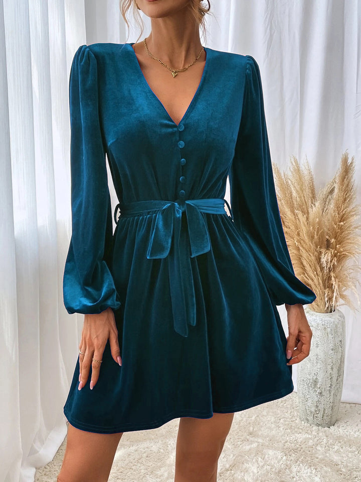 Damen Samtkleid mit tiefem V-Ausschnitt und Taillengürtel Drune