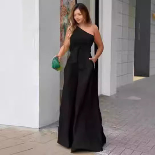 Damen Eleganter Ein-Schulter Jumpsuit mit Gürtel und weitem Bein Drune