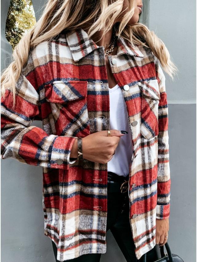 Damen Karierter Overshirt mit Knöpfen und Brusttaschen Drune