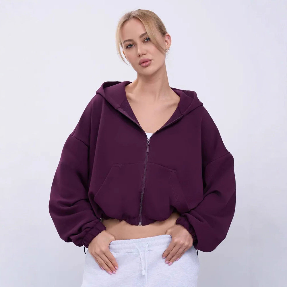 Damen lässiger cropped Kapuzenpullover mit Reißverschluss und weiten Ärmeln Drune