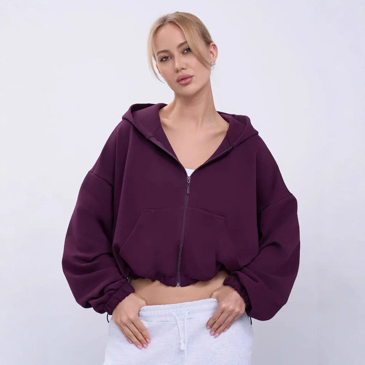 Damen lässiger cropped Kapuzenpullover mit Reißverschluss und weiten Ärmeln Drune