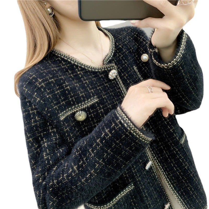 Damen elegante Strickjacke mit Perlenschmuck Drune