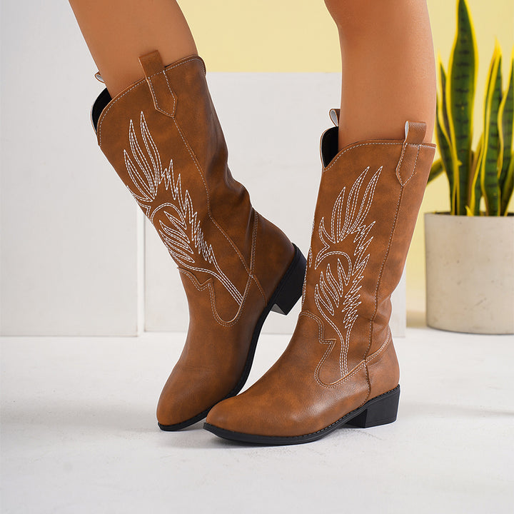 Damen Cowgirl-Kniehoher Stiefel mit dekorativer Stickerei, Pull‑Tabs und komfortablem Blockabsatz Drune