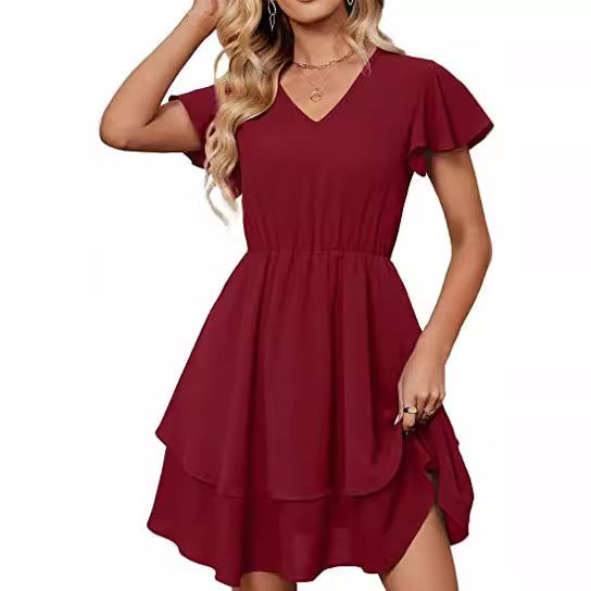 Damen Freizeitkleid mit fließendem Rock und Rüschenärmeln Drune