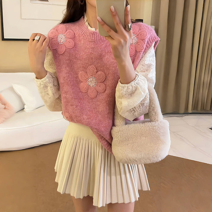 Damen Strickpullover mit floralen Applikationen und strukturierter Oberfläche Drune