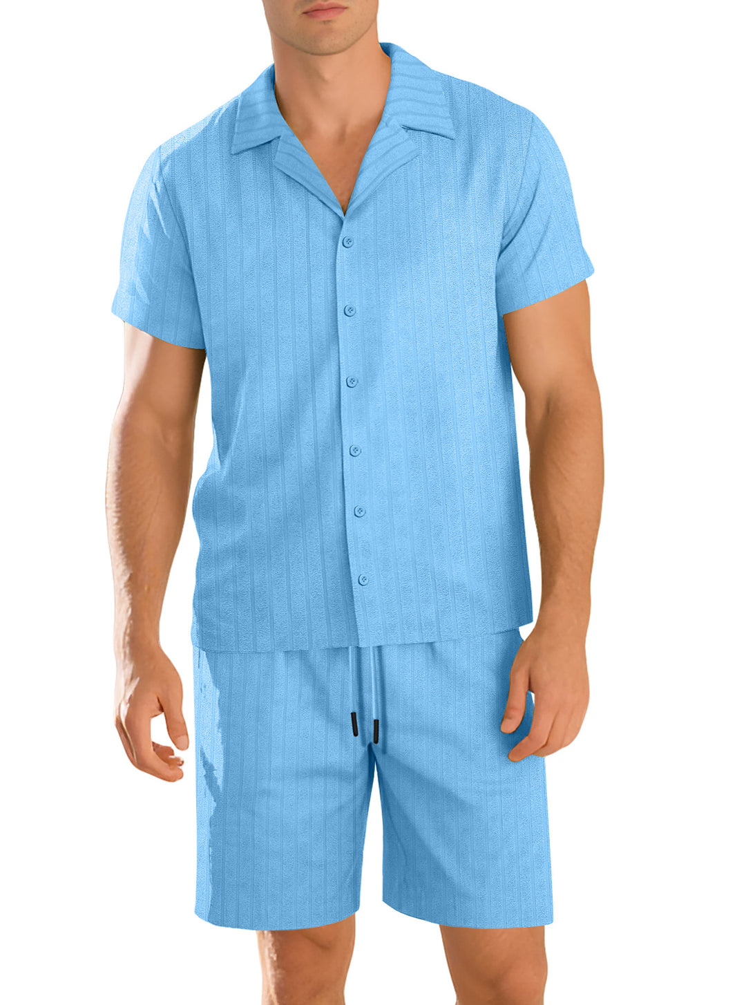 Herren nan Rippenstrick Lounge-Set mit Reverskragen Kurzarmhemd und Komfort-Bermuda Drune
