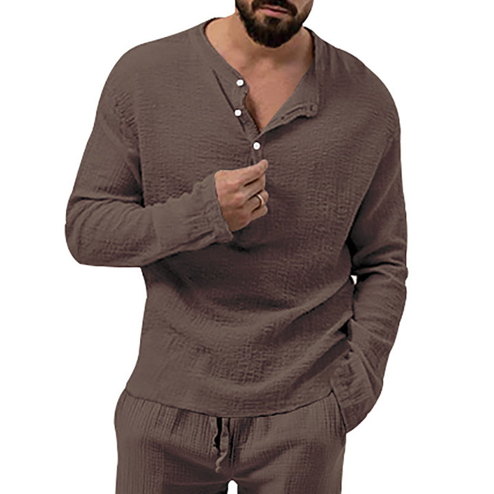 Herren nan entspanntes Henley-Set aus leichter Baumwoll-Gauze mit Kordelbundhose Drune