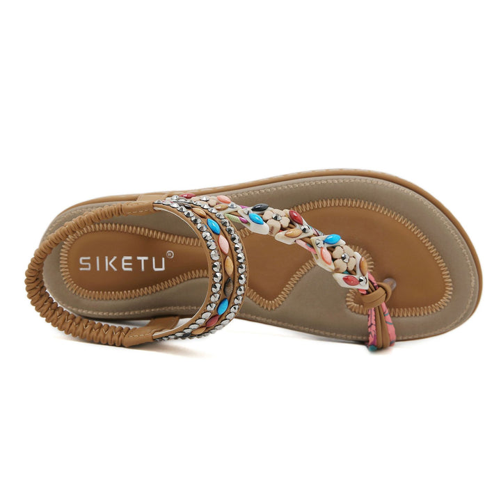 Damen Sandalen im Boho-Stil mit funkelnden Perlenverzierungen und bequemem Fußbett Drune